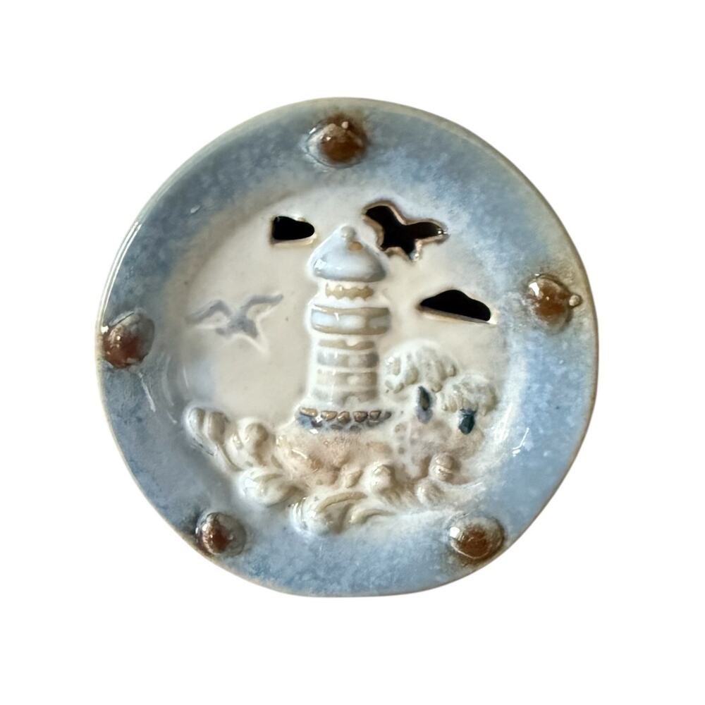 Ceramic Pottery Lighthouse Tea Light Candle Holder Blue Glaze Coastal Seagulls